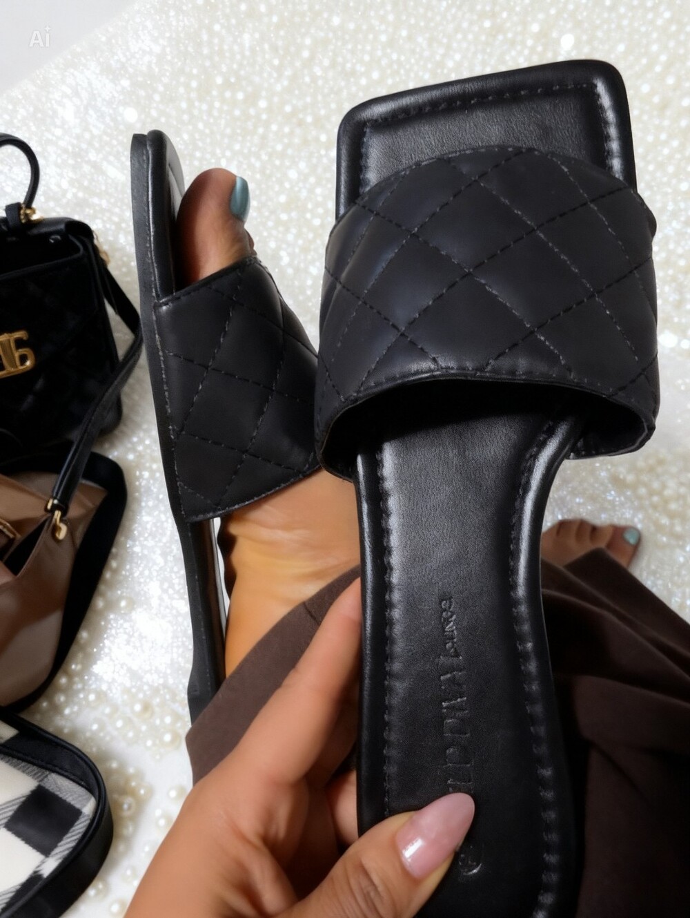 Black Quilted Square Toe Slide Sandals - Picture 2 of 9